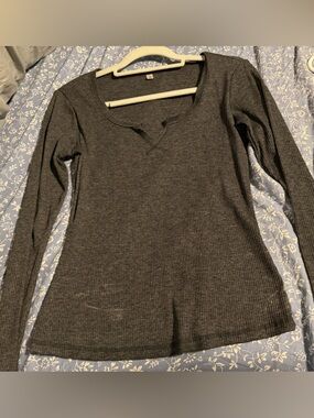 Ribbed Long Sleeve Knit Top - Dark Gray